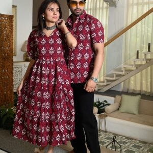 Couple Matching Maroon Cotton Printed Anarkali Midi Dress & Shirt Set ? Casual & Festive Wear